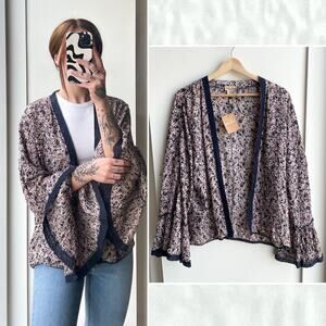 Anthropologie Nalini Womens Top OSFM Blue Floral Metallic Crochet Lace Kimono